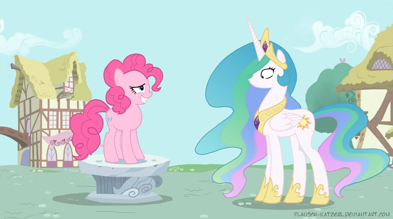 Size: 1000x558 | Tagged: dead source, safe, artist:flausch-katzerl, derpibooru import, pinkie pie, princess celestia, alicorn, earth pony, pony, a friend in deed, awkward smile, duo, duo female, mare, pedestal, smiling, wide eyes