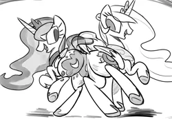 Size: 910x630 | Tagged: artist:tess, butt bump, butt to butt, butt touch, derpibooru import, monochrome, moonbutt, plot, princess celestia, princess luna, safe, sisters, sunbutt