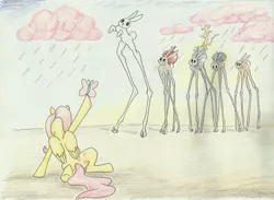 Size: 1000x732 | Tagged: safe, artist:silveranswer, derpibooru import, discord, fluttershy, butterfly, girabbit, pegasus, pony, rabbit, chaos, chocolate rain, cloud, cotton candy, cotton candy cloud, female, food, mare, parody, salvador dalí, surreal, the temptation of saint anthony, traditional art