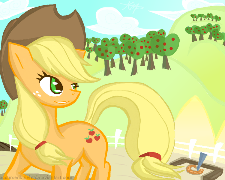 Size: 800x640 | Tagged: applejack, artist:accursedknight, derpibooru import, looking back, orchard, safe, solo