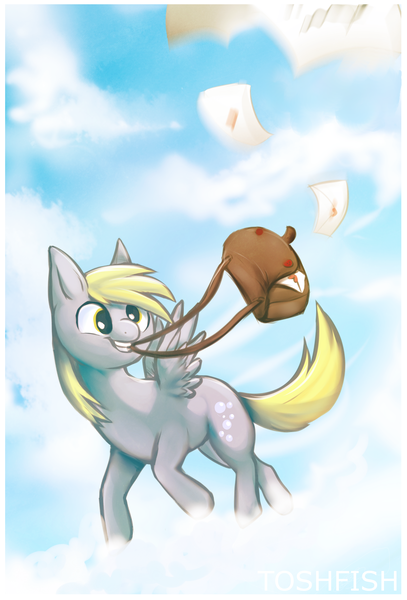 Size: 1433x2111 | Tagged: safe, artist:toshf, derpibooru import, derpy hooves, pegasus, pony, bag, cloud, cloudy, female, letter, mail, mare, mouth hold, saddle bag, solo