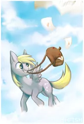 Size: 1433x2111 | Tagged: safe, artist:toshf, derpibooru import, derpy hooves, pegasus, pony, bag, cloud, cloudy, female, letter, mail, mare, mouth hold, saddle bag, solo