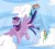 Size: 793x719 | Tagged: safe, artist:otakugal15, derpibooru import, rainbow dash, twilight sparkle, twilight sparkle (alicorn), alicorn, pony, cloud, cloudy, female, flying lesson, image, lesbian, mare, png, shipping, sweat, tail, tail bite, tail pull, twidash, worried