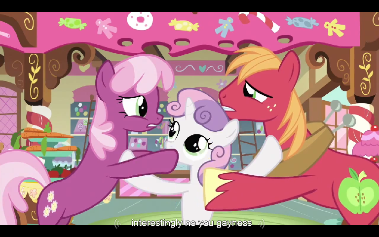 Size: 768x480 | Tagged: safe, derpibooru import, screencap, big macintosh, cheerilee, sweetie belle, earth pony, pony, hearts and hooves day (episode), hearts and hooves day, male, meme, stallion, sugarcube corner, youtube caption