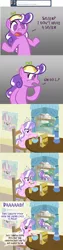 Size: 1000x3986 | Tagged: artist:blockeraser, cereal, comic, derpibooru import, diamond tiara, filthy rich, hat, money solves everything, poster, propeller hat, safe, screwball, screwball tells all, sister, spying, swirly eyes, tumblr