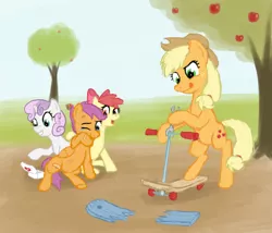 Size: 1000x855 | Tagged: apple bloom, applejack, artist:poniker, bandaid, crying, cutie mark crusaders, derpibooru import, safe, scootaloo, scootalove, scooter, sweetie belle