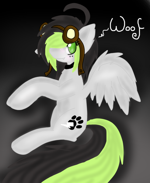 Size: 746x908 | Tagged: artist needed, safe, derpibooru import, oc, oc:bree jetpaw, unofficial characters only, pegasus, pony, cute, goggles, gray, sitting, solo, woof