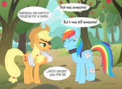 Size: 1024x743 | Tagged: applejack, arm sling, artist:kinrah, bandage, derpibooru import, eyepatch, injured, neck brace, rainbow dash, safe, sling