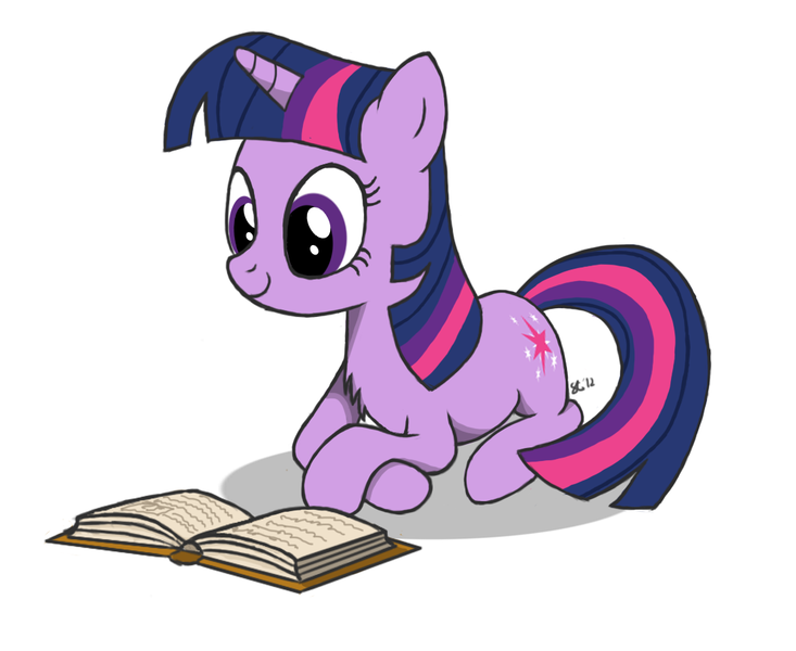 Size: 1109x908 | Tagged: safe, artist:saturtron, derpibooru import, twilight sparkle, pony, unicorn, book, chest fluff, crossed legs, female, mare, prone, reading, smiling, solo, unicorn twilight