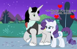 Size: 1024x658 | Tagged: safe, artist:demonkaizoku, derpibooru import, rarity, oc, oc:blaze, blushing, canon x oc, female, heart, male, shipping, straight