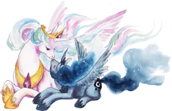 Size: 900x584 | Tagged: alicorn, artist:kirishin, cutie mark, derpibooru import, duo, duo female, female, horn, jewelry, looking at each other, nuzzling, princess celestia, princess luna, prone, regalia, safe, simple background, wings