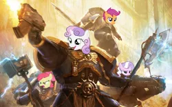 Size: 1280x796 | Tagged: apple bloom, bolter, cutie mark crusaders, derpibooru import, diamond tiara, plasma gun, power armor, powered exoskeleton, power sword, safe, scootaloo, space marine, sweetie belle, thunder hammer, ultramarine, warhammer 40k, warhammer (game)