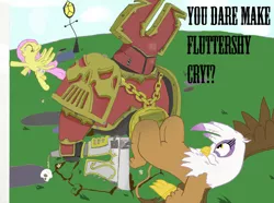 Size: 900x669 | Tagged: dead source, safe, artist:wazzart, derpibooru import, fluttershy, gilda, gryphon, gilda drama, khorne, khorne berzerker, warhammer 40k, warhammer (game)