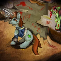 Size: 900x900 | Tagged: grimdark, artist:cytozire, derpibooru import, oc, oc:littlepip, unofficial characters only, ghoul, pony, unicorn, fallout equestria, fanfic, blood, clothes, fanfic art, female, glowing horn, gun, handgun, hooves, horn, levitation, little macintosh, magic, mare, open mouth, pipbuck, revolver, sitting, telekinesis, text, vault suit, weapon