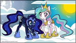 Size: 1200x678 | Tagged: dead source, safe, artist:baby-bling, derpibooru import, nightmare moon, princess celestia, alicorn, pony, duo, duo female, female, moon, sun