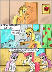 Size: 2384x3303 | Tagged: apple bloom, applejack, artist:ciriliko, comic, costume, creeper, cutie mark crusaders, derpibooru import, high res, mummy, no toilet paper, safe, scootaloo, sweetie belle, toilet, toilet paper