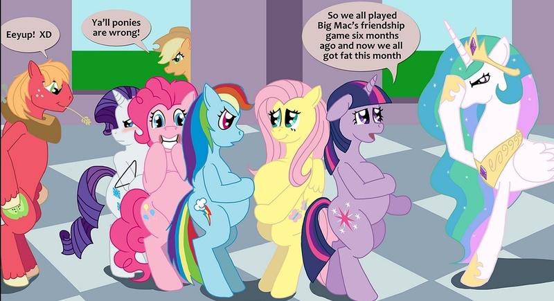 Size: 1180x641 | Tagged: suggestive, artist:cobramcjingleballs, derpibooru import, applejack, big macintosh, fluttershy, pinkie pie, princess celestia, rainbow dash, rarity, twilight sparkle, pony, attempted abortion, big belly, big macintosh gets all the mares, bipedal, blushing, clothes hanger, facehoof, implied fluttermac, implied incest, implied pinkiemac, implied rainbowmac, implied rarimac, implied shipping, implied straight, implied twimac, mama twilight, mane six, preglight sparkle, pregnant, rainbow dumb, stupidity, unwanted pregnancy, wat