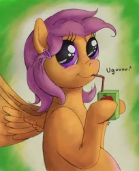Size: 1200x1474 | Tagged: safe, artist:ratwhiskers, derpibooru import, scootaloo, pony, ask pregnant scootaloo, alternate hairstyle, juice box, pregnant, teen pregnancy, uguu