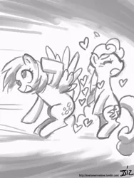 Size: 610x813 | Tagged: safe, artist:johnjoseco, derpibooru import, carrot top, derpy hooves, golden harvest, pegasus, pony, crossover, derpytop, female, fight, grayscale, heart, lesbian, mare, monochrome, plot, reference, shipping, super smash bros.