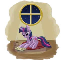 Size: 1191x1132 | Tagged: safe, artist:dragon-rider596, derpibooru import, twilight sparkle, pony, unicorn, book, chocolate, cushion, female, food, hot chocolate, mare, marshmallow, mug, night, reading, smiling, solo, unicorn twilight, window