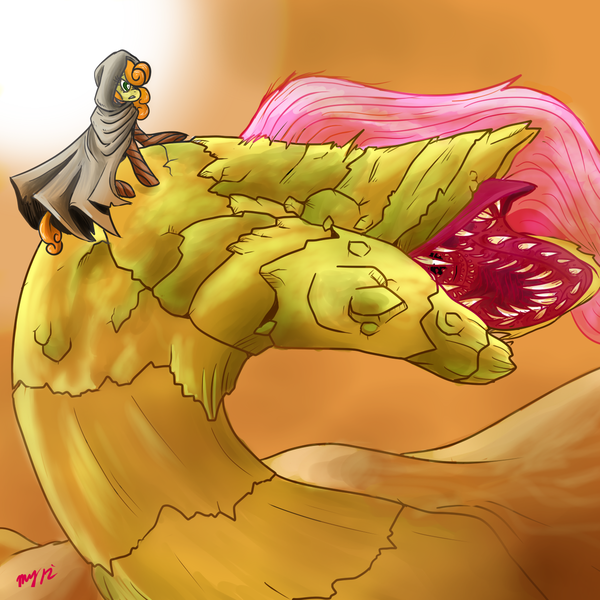 Size: 1300x1300 | Tagged: safe, artist:damaximos, derpibooru import, carrot top, fluttershy, golden harvest, earth pony, pony, sandworm, shai-hulud, crossover, dune, female, fremen, mare, ponies riding worms, pun, stillsuit, visual pun