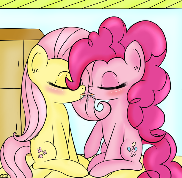 Size: 1510x1480 | Tagged: artist:freefraq, derpibooru import, drool, female, flutterpie, fluttershy, kissing, lesbian, pinkie pie, questionable, shipping, sloppy kissing