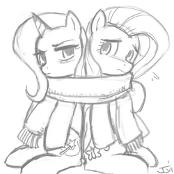 Size: 900x900 | Tagged: artist:johnjoseco, clothes, derpibooru import, female, fluttershy, grayscale, lesbian, monochrome, safe, scarf, shared clothing, shared scarf, shipping, trixie, trixieshy