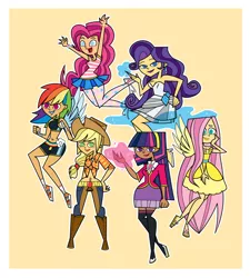 Size: 900x999 | Tagged: applejack, artist:lapinbonbon, belly button, clothes, dead source, derpibooru import, dress, fluttershy, humanized, mane six, midriff, pinkie pie, rainbow dash, rarity, safe, shoes, skirt, sneakers, total drama island, twilight sparkle, winged humanization