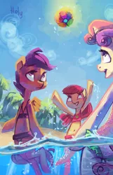 Size: 2586x4023 | Tagged: safe, artist:holivi, derpibooru import, apple bloom, scootaloo, sweetie belle, pony, beach, beach ball, belly button, bikini, clothes, cutie mark crusaders, midriff, swimsuit, water
