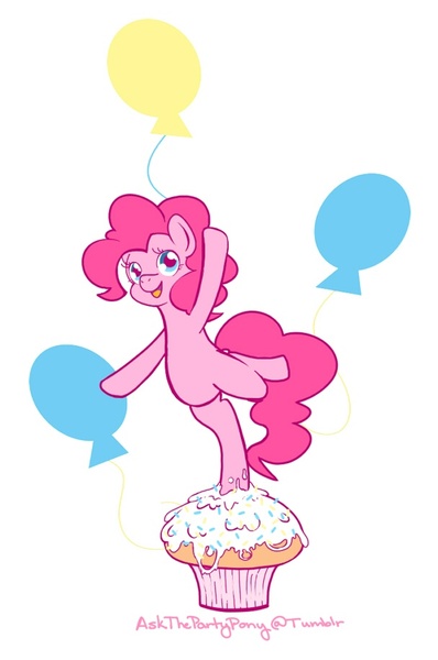 Size: 607x915 | Tagged: safe, artist:antiqueantoinette, derpibooru import, pinkie pie, pony, cupcake, cute, cutie mark background, diapinkes, food, open mouth, pinkie pie's cutie mark, solo, standing, standing on one leg