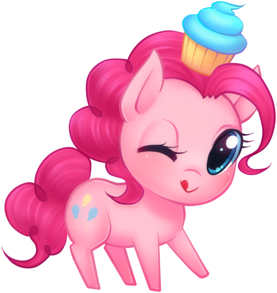 Size: 843x892 | Tagged: safe, artist:littlemissfawn, derpibooru import, pinkie pie, earth pony, pony, chibi, cupcake, cute, diapinkes, female, food, licking, licking lips, looking at you, mare, one eye closed, simple background, smiling, solo, tongue out, transparent background, wink