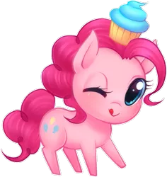 Size: 843x892 | Tagged: safe, artist:littlemissfawn, derpibooru import, pinkie pie, earth pony, pony, chibi, cupcake, cute, diapinkes, female, food, licking, licking lips, looking at you, mare, one eye closed, simple background, smiling, solo, tongue out, transparent background, wink