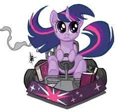 Size: 700x631 | Tagged: safe, artist:theartrix, derpibooru import, twilight sparkle, pony, unicorn, book, car, female, frown, go kart, go-kart, kart, mare, mario kart, ponykart, racer, racing, solo, that pony sure does love books, unicorn twilight, windswept mane