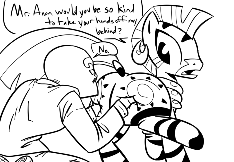 Size: 910x630 | Tagged: questionable, artist:tess, derpibooru import, zecora, oc, oc:anon, human, zebra, 2 handfuls of dat ass, butt grab, female, grope, hand on butt, human male, human male on mare, human on zebra action, image, interspecies, male, mare, molestation, monochrome, plot, png, simple background, straight, white background