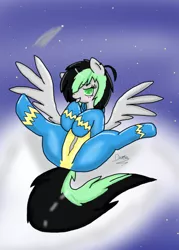 Size: 500x698 | Tagged: suggestive, derpibooru import, oc, oc:bree jetpaw, unofficial characters only, pegasus, pony, cute, female, flying, night, shiny, solo, solo female, undressing, wonderbolts, wonderbolts uniform
