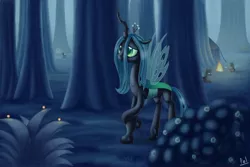 Size: 3000x2000 | Tagged: dead source, safe, artist:polkin, derpibooru import, queen chrysalis, changeling, changeling queen, pony, bonfire, crossed hooves, everfree forest, female, female focus, food, group, high res, image, jpeg, marshmallow, sad, signature, solo focus, standing, tree
