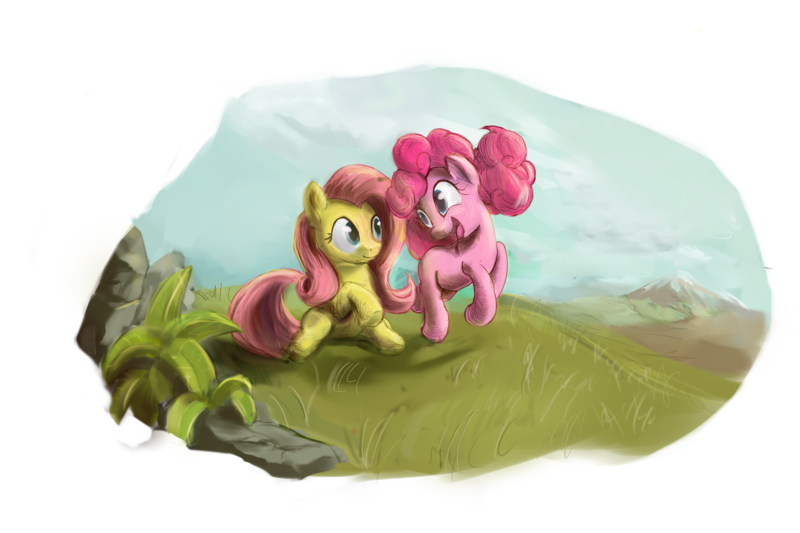 Size: 3000x2000 | Tagged: safe, artist:scrumpychumpy, derpibooru import, fluttershy, pinkie pie, earth pony, pegasus, pony, female, high res, looking at each other, open mouth, simple background, smiling, transparent background