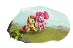 Size: 3000x2000 | Tagged: safe, artist:scrumpychumpy, derpibooru import, fluttershy, pinkie pie, earth pony, pegasus, pony, female, high res, looking at each other, open mouth, simple background, smiling, transparent background