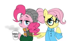 Size: 8422x4699 | Tagged: safe, artist:akikodestroyer, derpibooru import, fluttershy, pinkie pie, pony, absurd resolution, bipedal, clothes, coffee, cup, female, flutterpie, glasses, hat, hipster, hipstershy, hoof hold, lesbian, looking at you, scarf, shipping, sweater, unamused