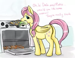 Size: 1415x1092 | Tagged: safe, artist:cartoonlion, derpibooru import, fluttershy, pegasus, pony, baking, cookie, dialogue, female, mare, mouth hold, oven