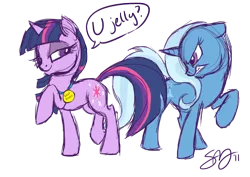 Size: 1204x853 | Tagged: safe, artist:probablyfakeblonde, derpibooru import, trixie, twilight sparkle, pony, unicorn, angry, dialogue, medal, raised hoof, signature, simple background, smug, transparent background