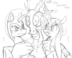 Size: 1000x800 | Tagged: artist:sallymon, changeling, changeling queen, derpibooru import, discord, female, nightmare moon, queen chrysalis, safe, sketch, swag, wip