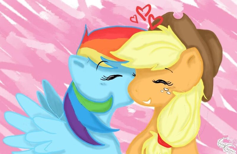 Size: 900x588 | Tagged: safe, artist:chiuuchiuu, derpibooru import, applejack, rainbow dash, appledash, female, kiss on the cheek, kissing, lesbian, shipping