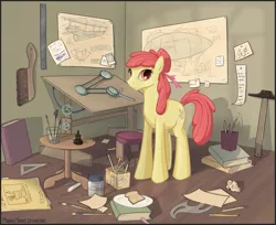 Size: 1091x889 | Tagged: airship, apple bloom, artist:marbleyarns, blueprint, book, derpibooru import, engineering, interior, looking at you, messy, older, paintbrush, pencil, safe, smiling, solo, standing, table