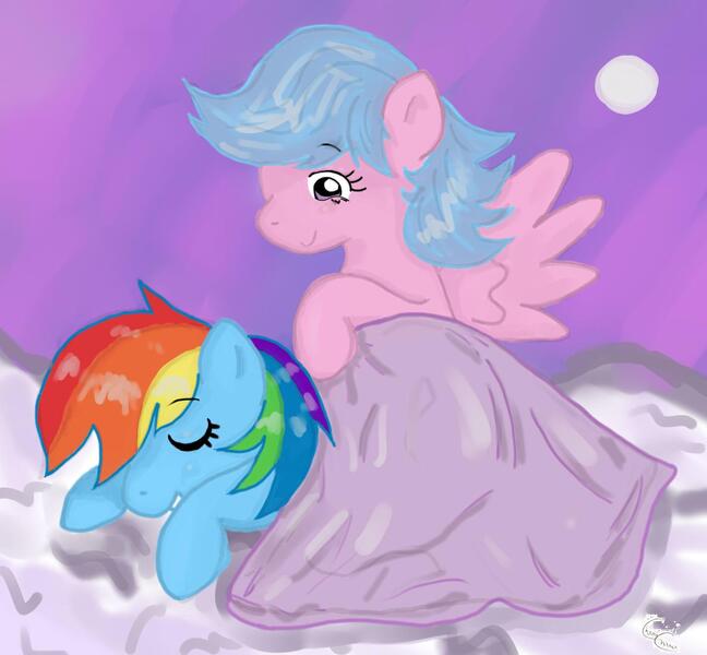 Size: 1423x1317 | Tagged: safe, artist:chiuuchiuu, derpibooru import, firefly, rainbow dash, pegasus, pony, blanket, duo, eyes closed, female, firefly as rainbow dash's mom, g1, g1 to g4, g4, generation leap, mare, sleeping, tucking in