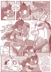Size: 850x1202 | Tagged: artist:stepandy, coils, comic:mark of chaos, crying, derpibooru import, dialogue, discord, eyes closed, laughing, make it stop, monochrome, princess luna, safe, scrunchy face, tears of laughter, tickle torture, tickling, ticklish tummy