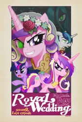 Size: 840x1240 | Tagged: safe, artist:docpel, derpibooru import, princess cadance, queen chrysalis, shining armor, twilight sparkle, alicorn, changeling, changeling queen, pony, unicorn, a canterlot wedding, bruised, disguise, disguised changeling, fake cadance, female, frown, glowing eyes, grin, image, jpeg, male, messy mane, open mouth, poster, raised hoof, signature, smiling, sparkly eyes, stallion