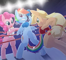 Size: 855x777 | Tagged: safe, artist:oze, derpibooru import, applejack, pinkie pie, rainbow dash, earth pony, pegasus, pony, bipedal, black eye, boxing, boxing gloves, boxing ring, plot, teary eyes, trio