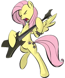 Size: 640x766 | Tagged: safe, artist:rainbowderpy, artist:rubrony, color edit, derpibooru import, edit, fluttershy, pegasus, pony, bipedal, brütal, colored, electric guitar, female, guitar, mare, metal, metalshy, music, musical instrument, playing instrument, simple background, solo, transparent background