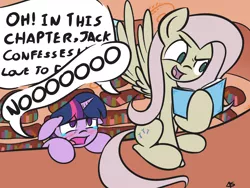 Size: 4000x3000 | Tagged: safe, artist:adamscage, derpibooru import, fluttershy, twilight sparkle, pegasus, pony, unicorn, blushing, book, crying, discorded, duo, female, floppy ears, flutterbitch, golden oaks library, mare, reading, sitting, spoiler, spread wings, wings
